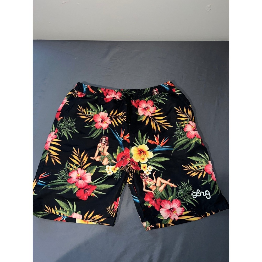 LRG Lifted Research Group Mens Black Tropical Skeleton Hula Girl Board Shorts M
